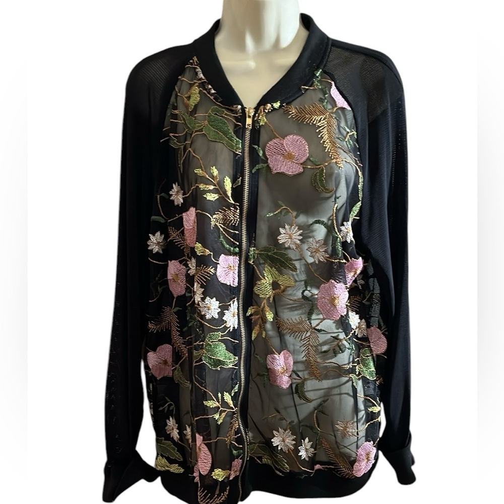 JustFab XXL black mesh bomber jacket floral embroidered front & back NWOT